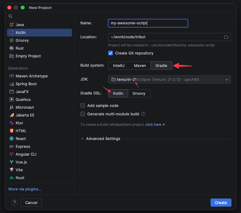 IntelliJ new project dialog with Kotlin, Gradle, Kotlin build script, and JDK 21 selected