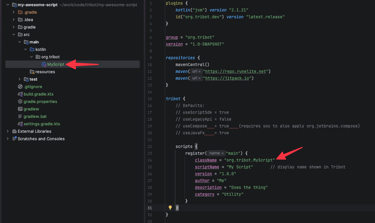 Gradle script registration with className pointing to a class in src/main/kotlin